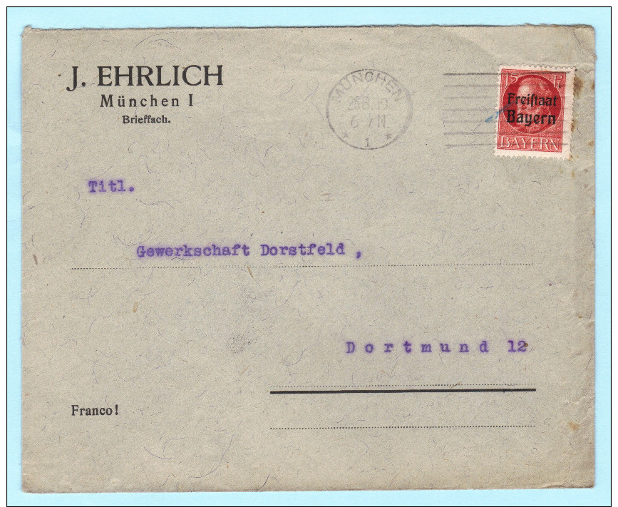 BAYERN - DEUTSCHES REICH Brief Cover - J. Ehrlich - München - Gewerkschaft Dörstfeld (32544) FFF - Sonstige & Ohne Zuordnung