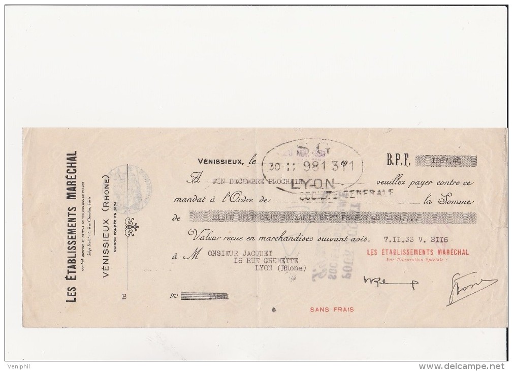 LETTRE DE CHANGE - ETABLISSEMENTS MARECHAL - VENISSIEUX - RHONE  - ANNEE 1933 - Wechsel