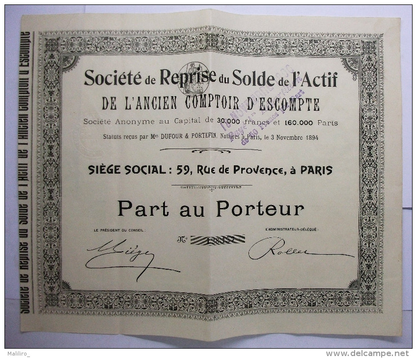 Action 1894 Ancien Comptoir D´Escompte Part Au Porteur S. De Reprise Solde Actif - Banque & Assurance