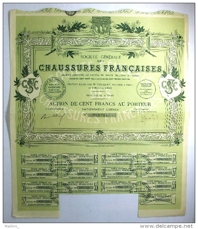 1927 Action Société Générale Des Chaussures Françaises - Action 100 F Au Porteur - Textile