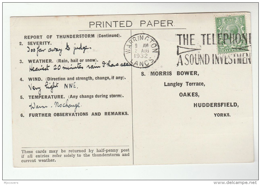 1932 Warrington GB COVER  SLOGAN INVEST TELEPHONE Postcard Re METEOROLOGY STORM REPORT Gv Stamps Telecom - Telecom