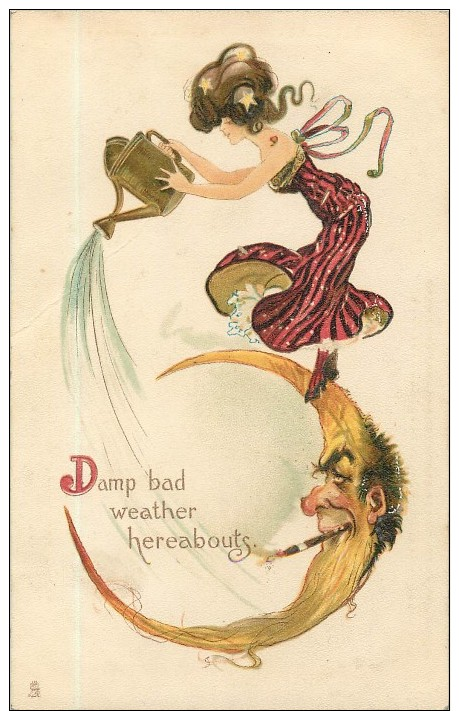 DWIG - WOMAN SHOWERING MAN IN THE MOON - HARD TO FIND - DAMP BAD WEATHER HEREABOUTS - VINTAGE ORIGINAL POSTCARD - Autres & Non Classés