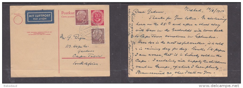 Germany, 1954, 20pf Postkart + 31pf Adhesives Air Mail WILDBADISCHWARZWY  14.8.54 &gt; S.Africa - Covers & Documents