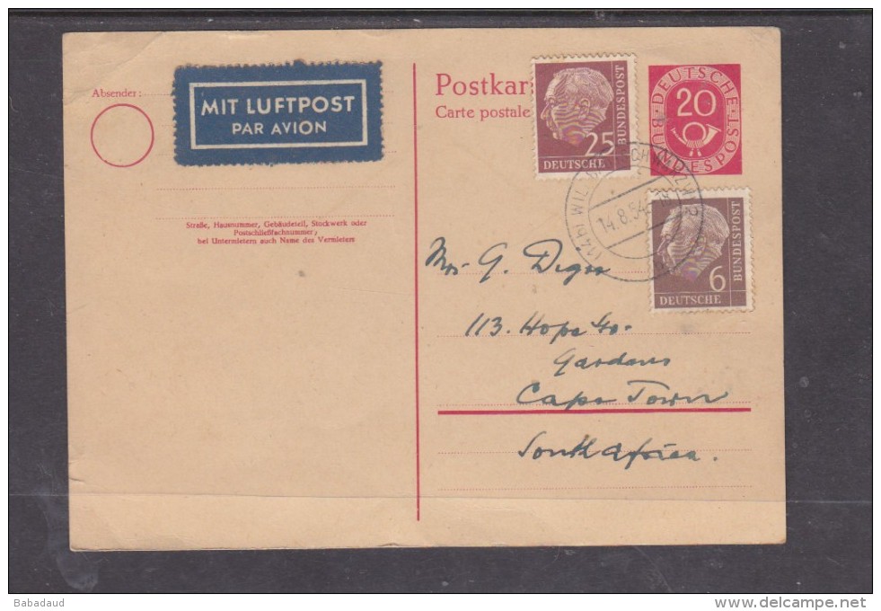 Germany, 1954, 20pf Postkart + 31pf Adhesives Air Mail WILDBADISCHWARZWY  14.8.54 &gt; S.Africa - Covers & Documents