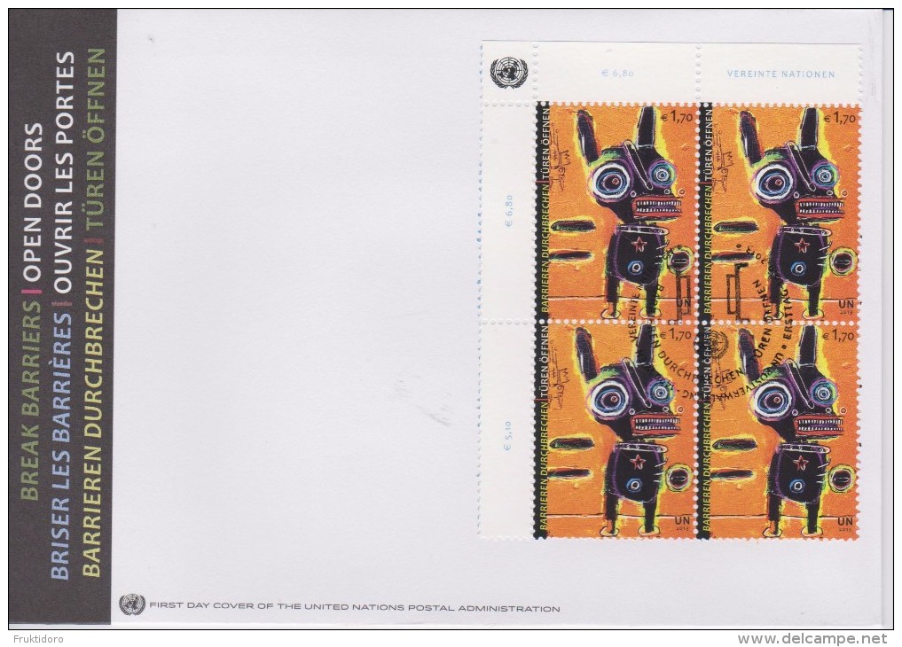 United Nations FDC Mi 792 Works Of Diasbled Artists - Painting - Break Barriers - Open Doors - Block Of Four - 2013 - FDC