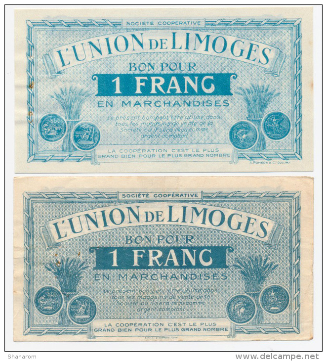 LIMOGE // UNION De LIMOGE // 1 Francs X 2 Avec Signature - Bons & Nécessité