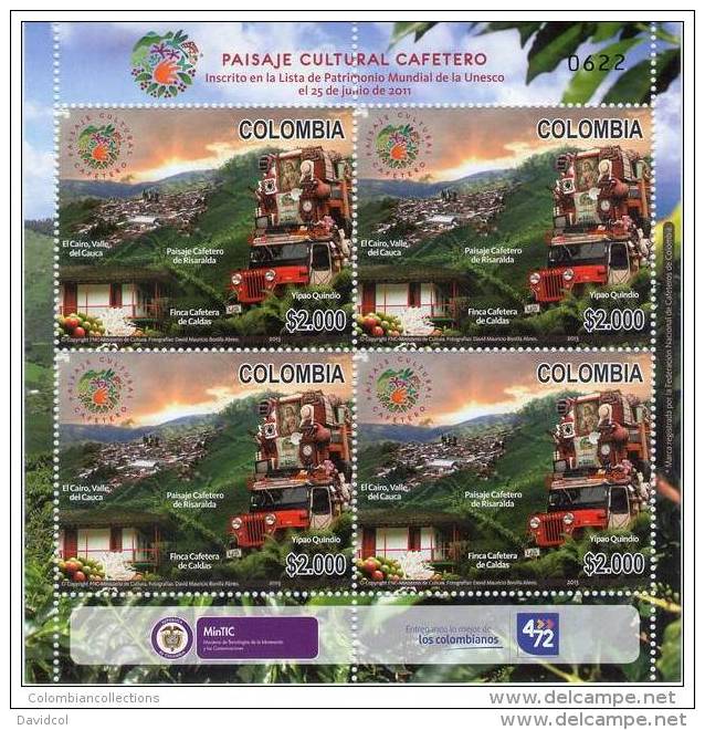 A113.-.KOLUMBIEN / COLOMBIA- 2013. SHEET.COFFE CULTURE-MNH-SCARCE . COFFE FARMS AND WILLYS JEEP. ONLY 4000 STAMPS ISSUED - Colombia