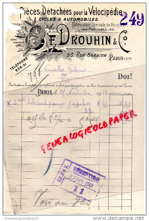 75- PARIS - FACTURE F. DROUHIN - PIECES DETACHEES POUR VELOCIPEDES-VELO- VELOCIPEDIE- CYCLES- 56 RUE SEDAINE- 1913 - Transport