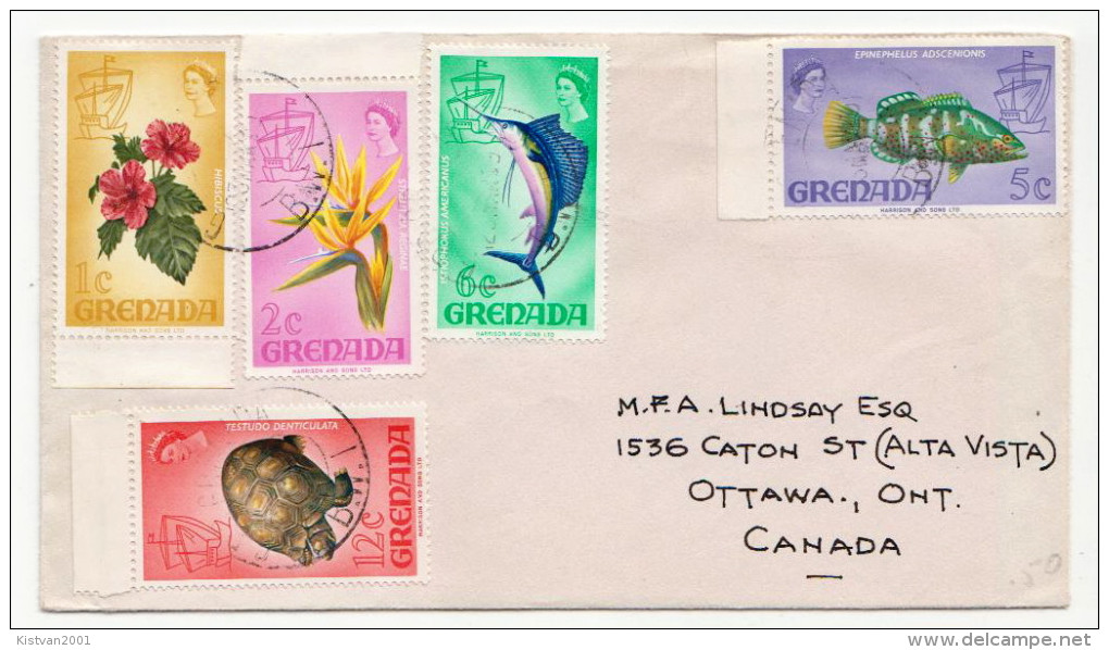 Postal History Cover: Grenada Fishes, Turtle, Flowers Stamps On Cover - Fishes