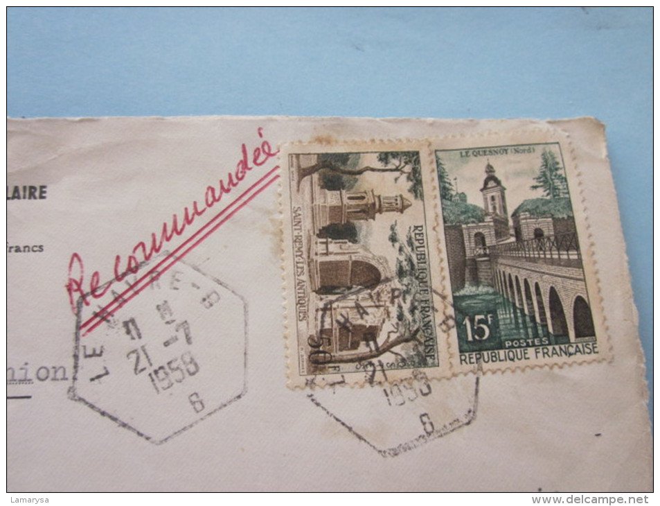 1958 LETTRE Recommandé AFF.Composé TIMBRES COLLECTION ST REMY/LE Q >CAD MANUEL HEXAGONAL>LE HAVRE NAVIG >WORMS MARSEILLE - Cachets Manuels