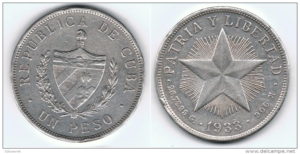 CUBA PESO 1933 PLATA SILVER Wa - Cuba