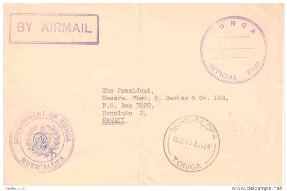 E) 1969 TONGA, OFFICIAL MAIL TO HAWAI CIRCULATED COVER. XF - Tonga (1970-...)