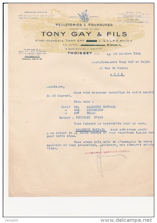 FACTURE LETTRE -THOISSEY -AIN- PELLETERIES ET FOURRURES -TONY GAY ET FILS - 1954 - 1950 - ...