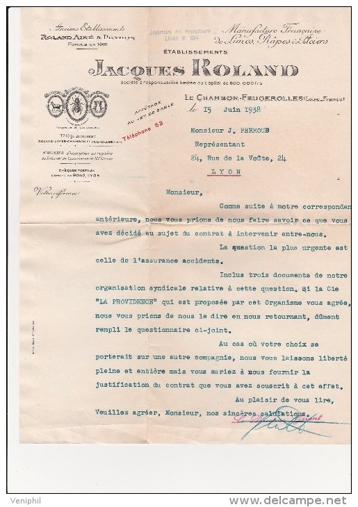 FACTURE LETTRE -LE CHAMBON - FEUGEROLLES -LOIRE - J. ROLAND MANUFACTURE DE LIMES -RAPES ET ACIERS -1938 - Petits Métiers
