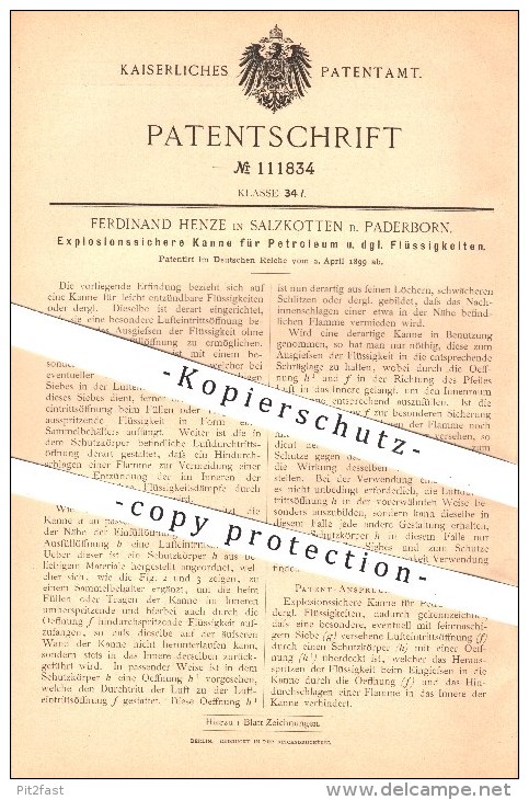 original Patent - Ferdinand Henze , Salzkotten , Paderborn , 1899 ,  Explosionssichere Kanne für Petroleum , Öl , Kannen