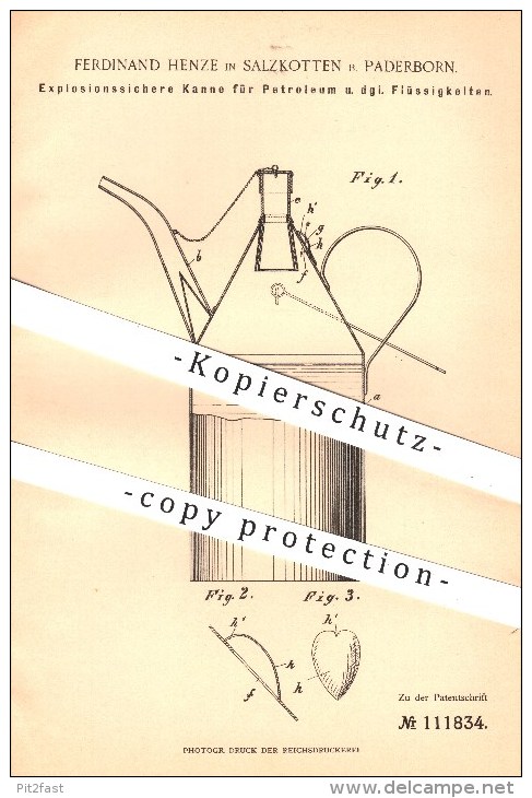 Historical Documents - original Patent - Ferdinand Henze , Salzkotten ,  Paderborn , 1899 , Explosionssichere Kanne für Petroleum , Öl , Kannen