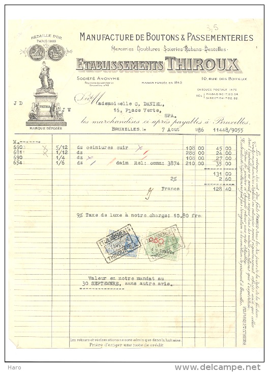 BRUXELLES 1936 - Facture Des Ets THIROUX - Manufacture De Boutons & Passementeries, Mercerie, Dentelle,... (sf106) - 1900 – 1949