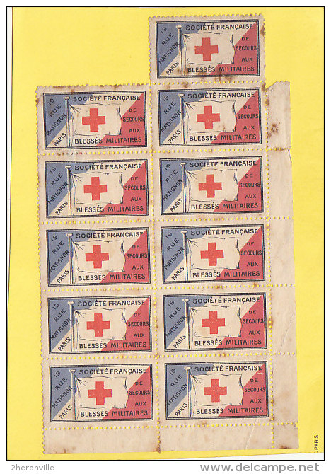 Feuillet De 11 Timbres SOCIETE FRANCAISE De Secours Aux BLESSES MILITAIRES  19 Rue Matignon PARIS - Militaria