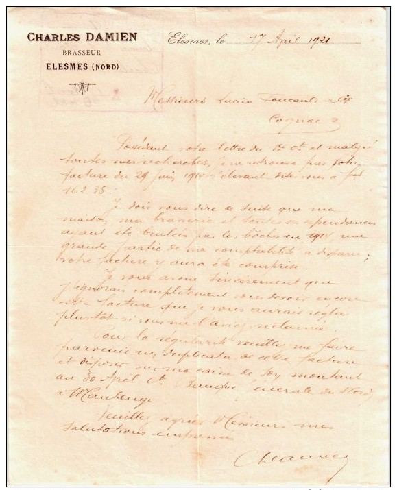 Document Du 17/04/1921 CHARLES DAMIEN - Elesmes - 59 Nord - Food