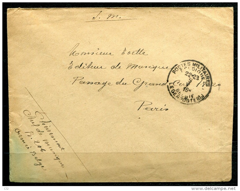 5-5-1915 - Courrier Du Chef De Musique - B.206  Pour Paris (voir Description) - Belgische Armee