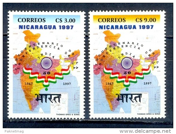 S100- Nicaragua 1997. Independence  Day Of India 1947-1997. Flag. Map. - Nicaragua