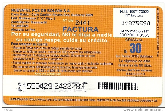 Bolivia - Viva - Alégrate Woman - 03-02-2010, GSM Refill, Used - Bolivien