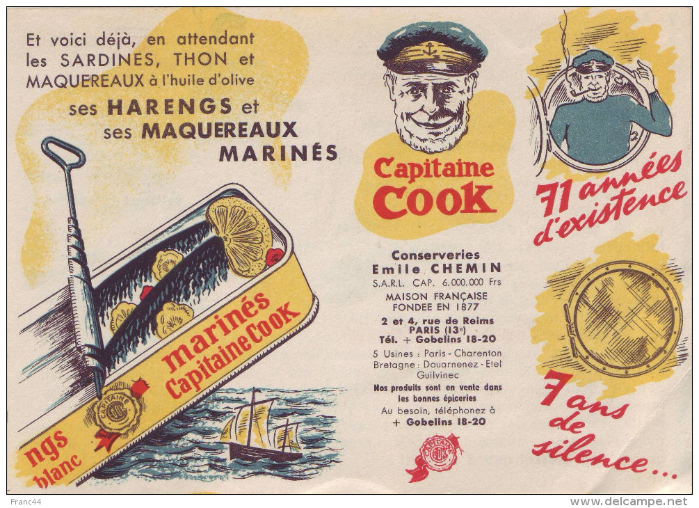 Capitaine COOK - "Ses Harengs Et Ses Maquereaux Marinés " (recto/verso) - Publicités