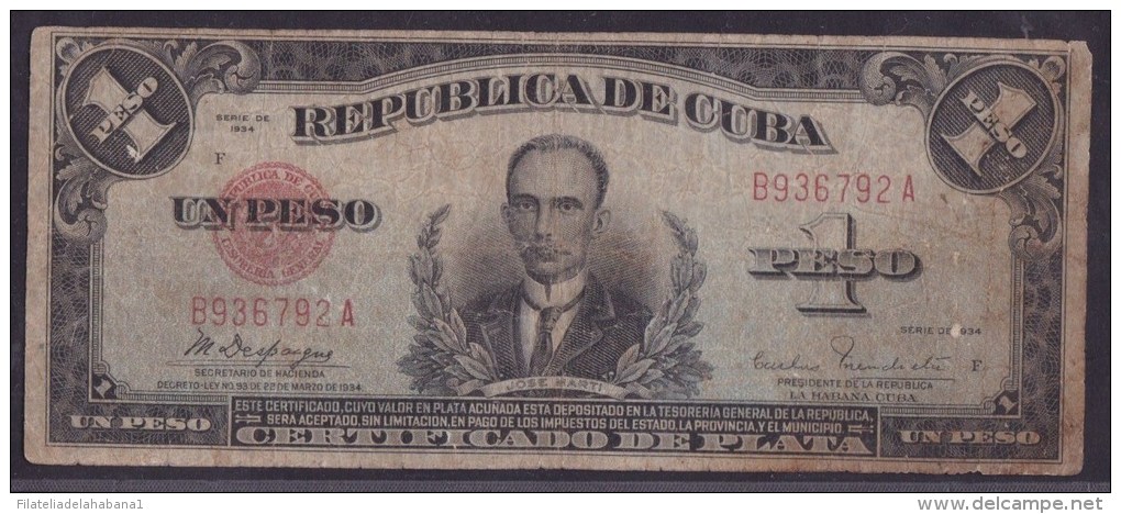 1934-BK-4 CUBA  1934 1$ SILVER CERTIFICATE JOSE MARTI. - Cuba