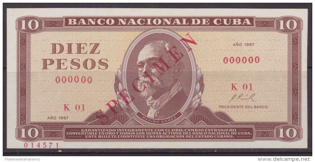 1967-BK-4 CUBA 1967 10$ MAXIMO GOMEZ SPECIMEN  UNC. - Cuba