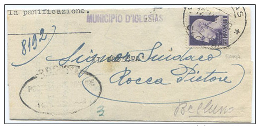 1945 LUOGOTENENZA IMPERIALE L.1 ISOLATO PIEGO COMUNALE 12.9.45 DA IGLESIAS (SARDEGNA) TIMBRO ARRIVO  OTTIMA QUALITÀ(A628 - Storia Postale