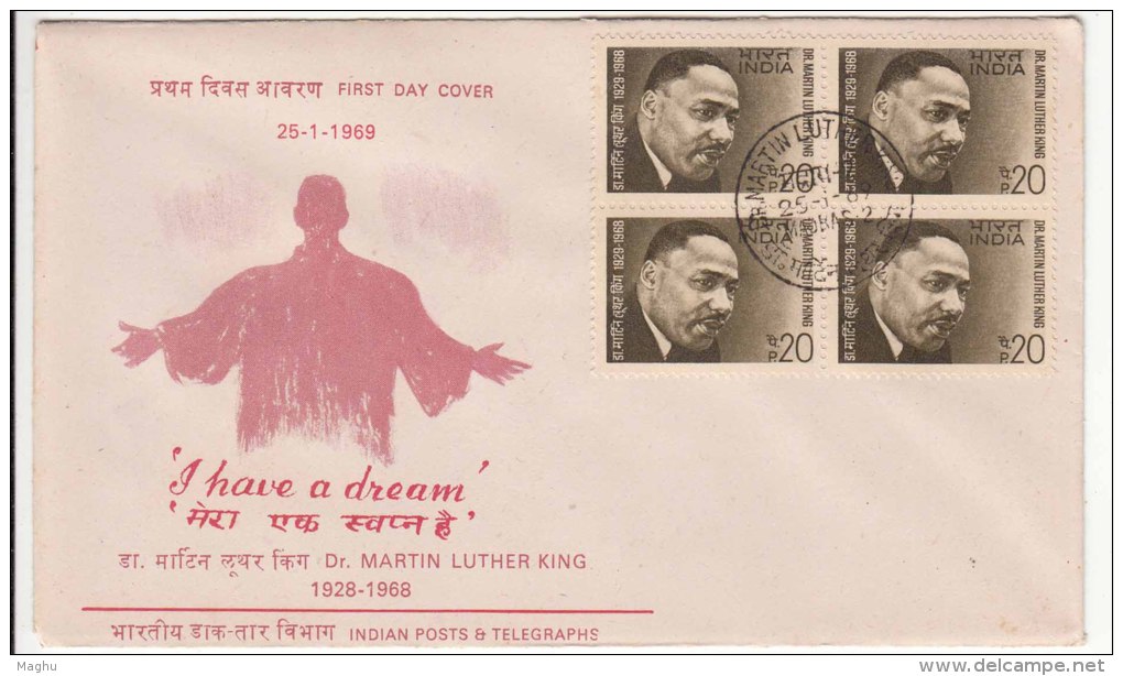 Block Of 4 On FDC, Dr. Martin Luther King, United States, USA, Famous Poeple, Nobel Prize, India 1969 - Martin Luther King