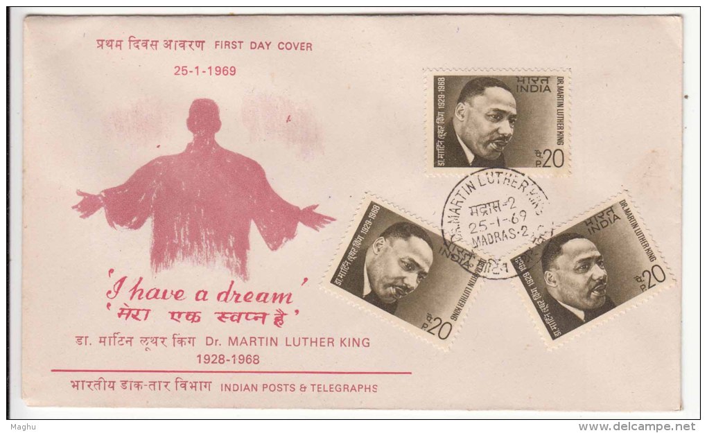 3 Stamps On FDC, Dr. Martin Luther King, United States, USA, Famous Poeple, Nobel Prize, India 1969 - Martin Luther King