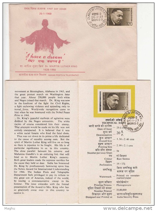 FDC + Stamped Info, Dr. Martin Luther King, United States, USA, Famous Poeple, Nobel Prize, India 1969 - Martin Luther King