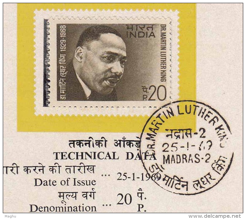 FDC + Stamped Info, Dr. Martin Luther King, United States, USA, Famous Poeple, Nobel Prize, India 1969 - Martin Luther King