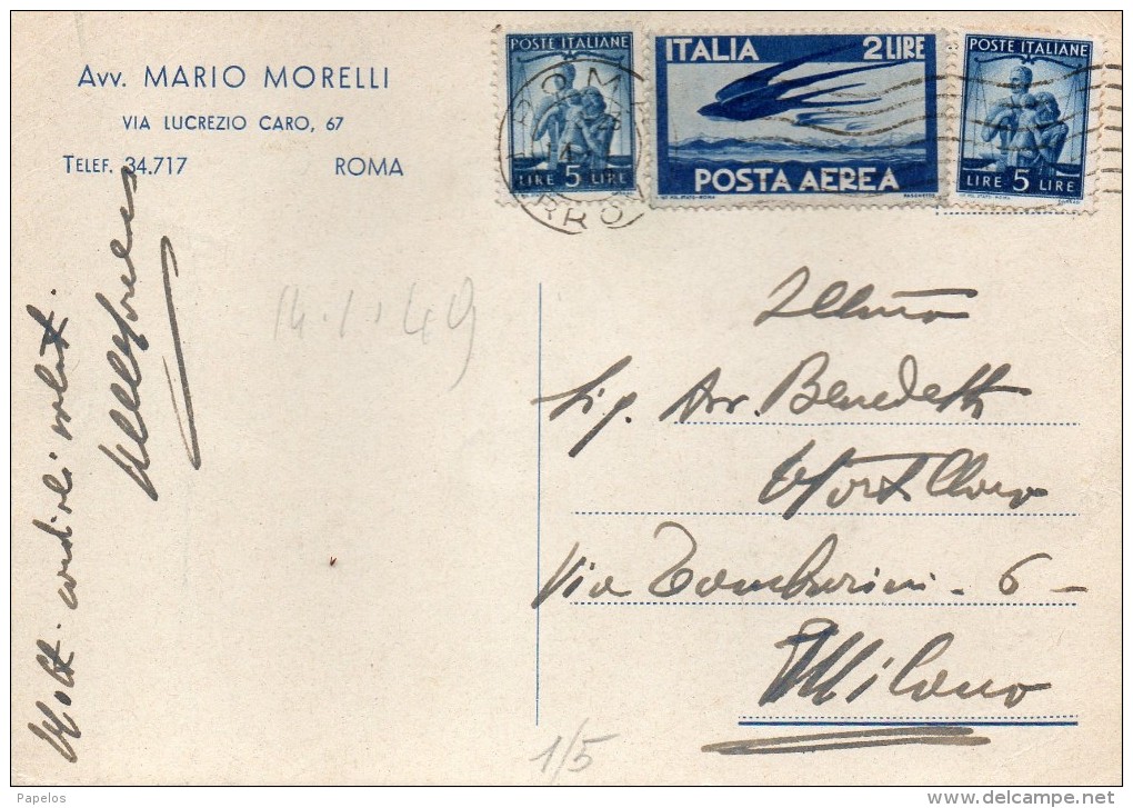 1949 CARTOLINA CON ANNULLO ROMA - Airmail