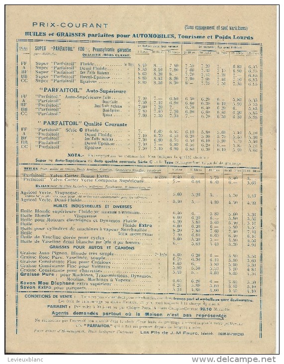 Prospectus Commercial à Deux Volets/AvecPrix Courants/Parfaitoil/Les Fils De JM Faure/SALON/Vers 1935     VPN31 - Automobile