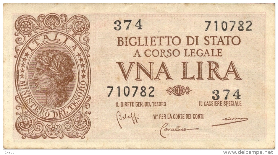 1 LIRA  ITALIA  LAUREATA - Biglietti Di Stato Luogotenenza -  D.M. 23.11.1944 - Firme: Bolaffi - Cavallaro - Giovinco. - Italia – 1 Lira