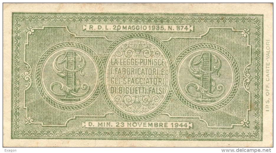 1 LIRA  ITALIA  LAUREATA - Biglietti Di Stato Luogotenenza -  D.M. 23.11.1944 - Firme: Bolaffi - Cavallaro - Giovinco. - Italia – 1 Lira