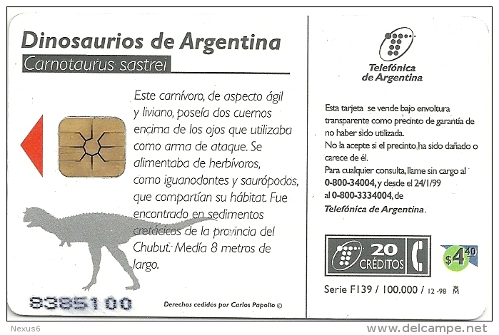 Argentina - Telefónica De Argentina - Dinosaurs - Carnotaurus - 12-1998 - 100.000ex, Used - Argentinien