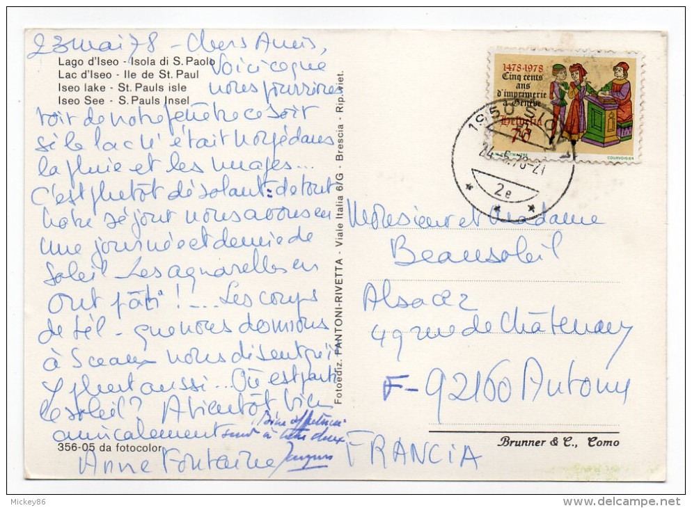 Suisse-1978-Carte Postale "Lac D'Iseo" Avec Joli Timbre Au Verso (500 Ans Imprimerie)--cachet SION-- - Briefe U. Dokumente