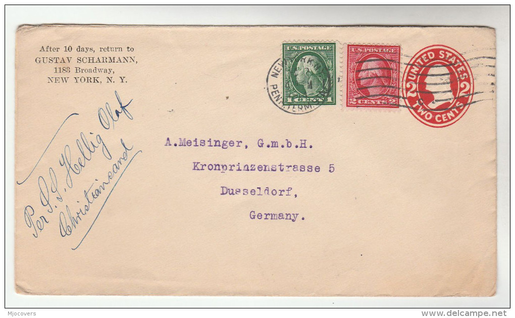 1914 NY USA  UPRATED Postal STATIONERY Via SHIP SS HELLIG OLAF Via KRISTIANSAND NORWAY To GERMANY Liner  Stamps Cover - 1901-20