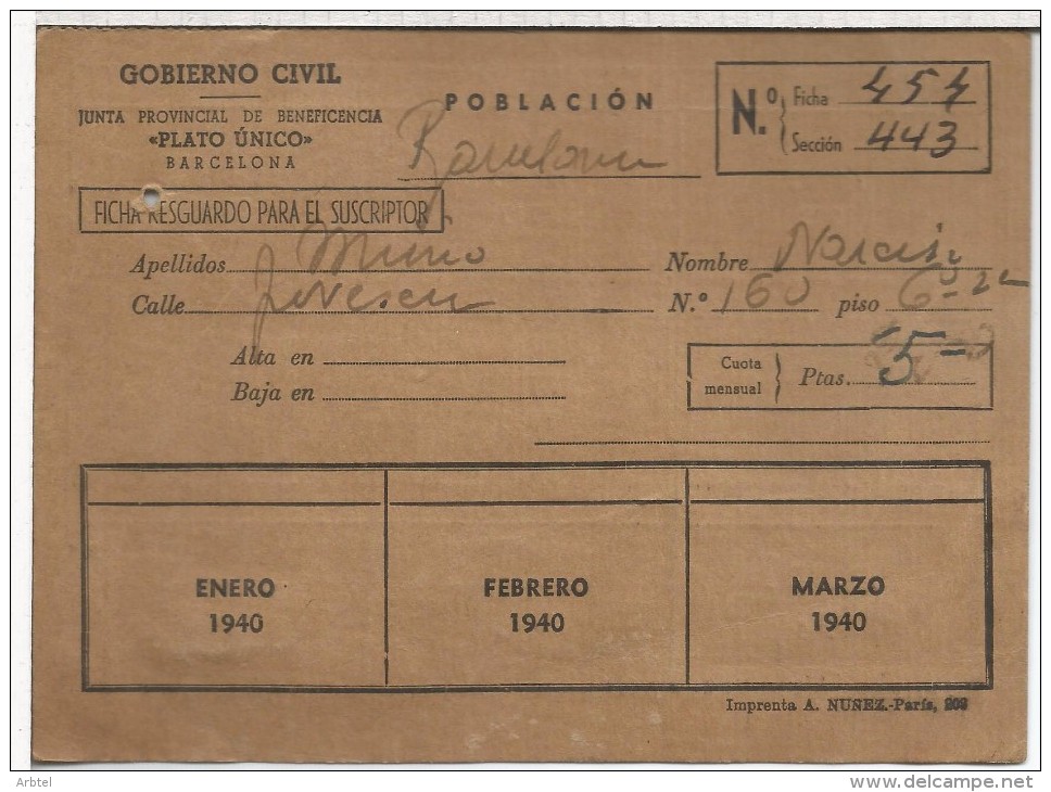 BARCELONA 1940 TARJETA PLATO UNICO CON CUPONES DE DIFERENTE VALOR - Sin Clasificación