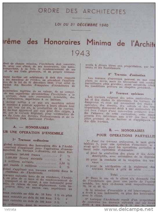 Ordre Des Architectes : Barême Des Honoraires Minima De L' Architecte (Imprimé 1 Feuillet, 1943) - Non Classés