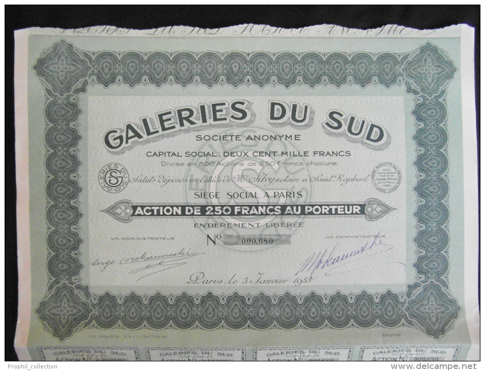 Action 250 Frs Societe Anonyme Galeries Du Sud Siège Social à Paris 1933 Share Coupons - G - I