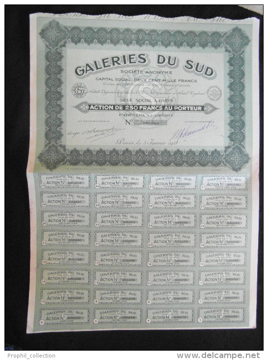 Action 250 Frs Societe Anonyme Galeries Du Sud Siège Social à Paris 1933 Share Coupons - G - I
