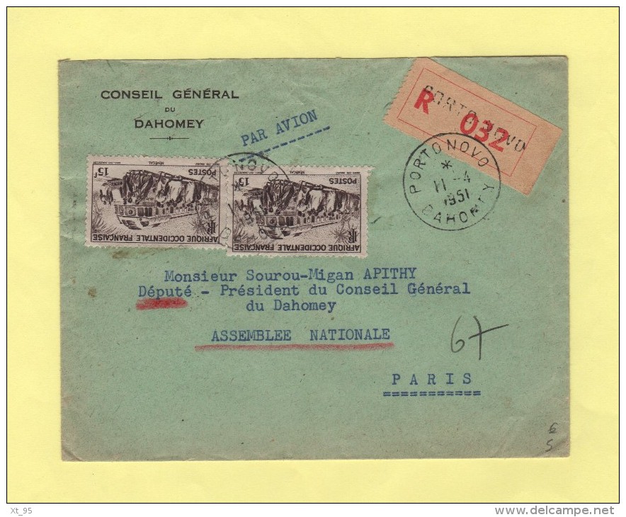 Porto Novo - Dahomey - 1951 - Recommande Par Avion - Lettres & Documents