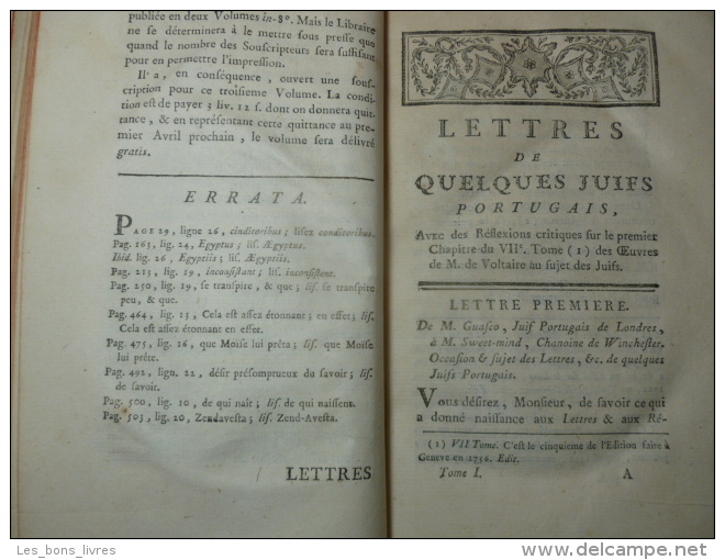 LETTRES DE QUELQUES JUIFS Portugais, Allemands Et Polonais à M. De Voltaire - Tot De 18de Eeuw