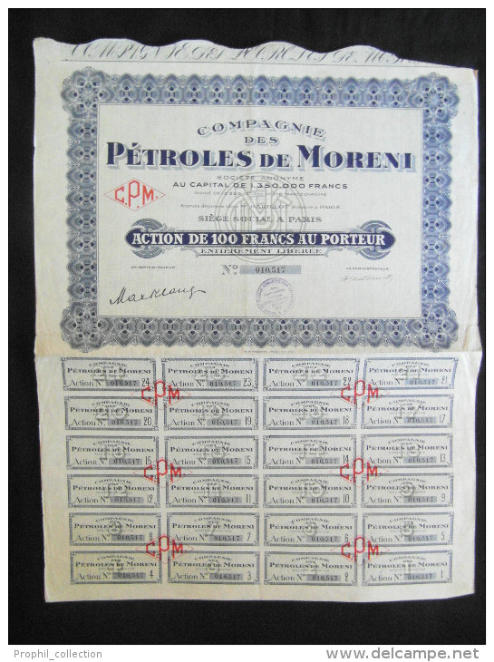 Action 100 Frs Compagnie Des Petroles De Moreni Siège Social à Paris Share Coupons 28/05/1932 - Oil