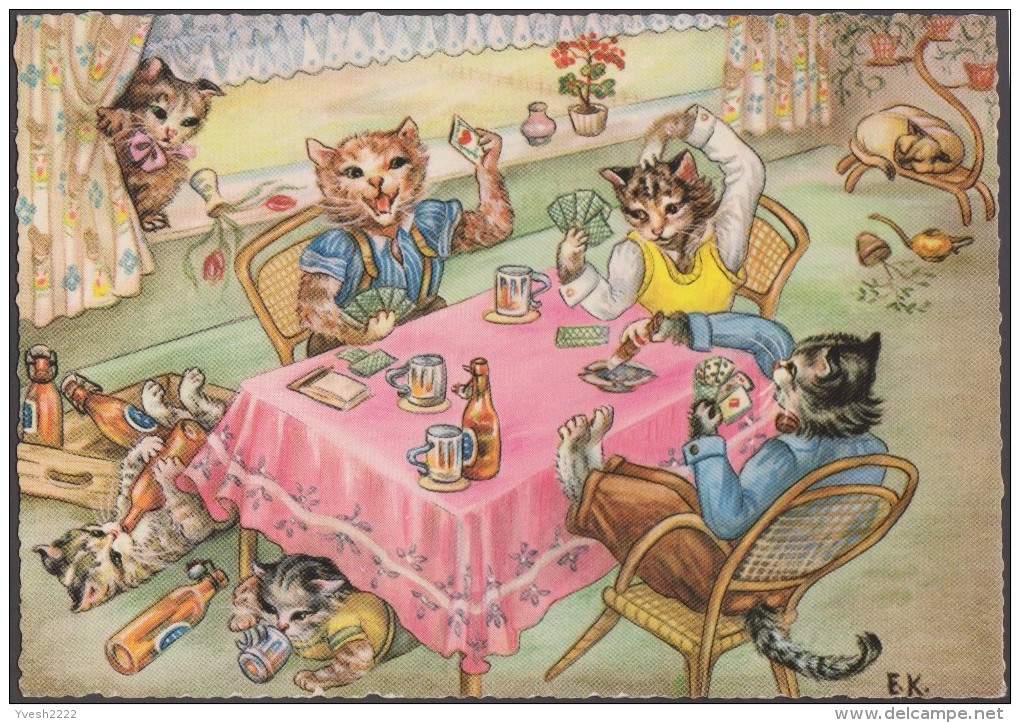 Allemagne Vers 1960. Carte Postale, Dessin. Animaux Jouant Aux Cartes. Chats. Chat Ivrogne, Endormi, Avec Puces - Spielkarten