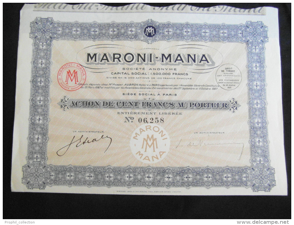 Action 100 Frs MARONI-MARANAi Siège Social à Paris Share Coupons 27/08/1927 - M - O